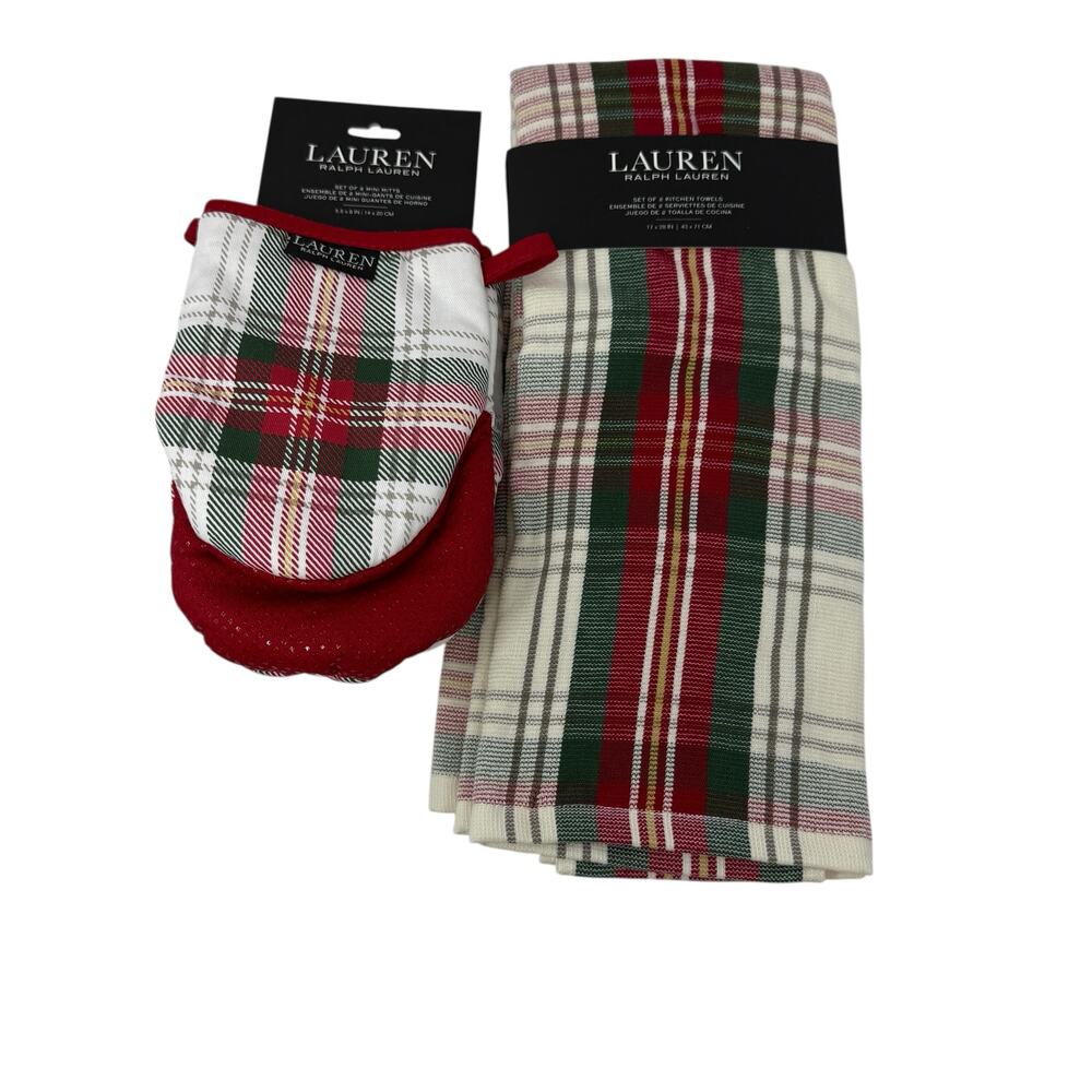 NWT Lauren Ralph Lauren Holiday Plaid Kitchen Set Mini Mitt & 2 Towels Christmas